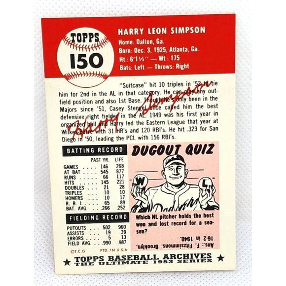 Harry Simpson Cleveland Indians Outfielder 1953 Topps Baseball Card - Vintage - Picture 3 of 6